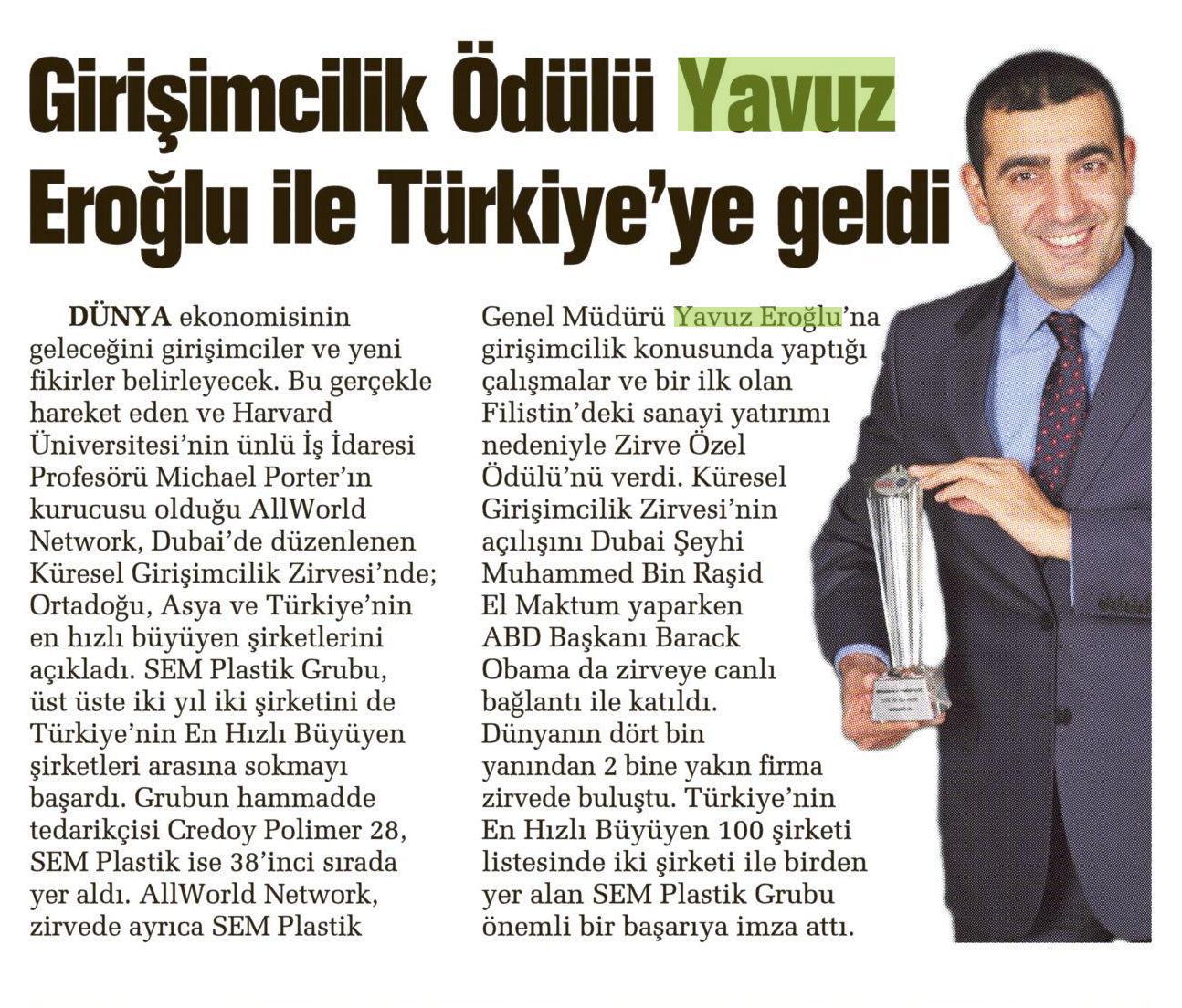Girişimcilik Ödülü Yavuz Eroğlu ile Türkiye'ye geldi