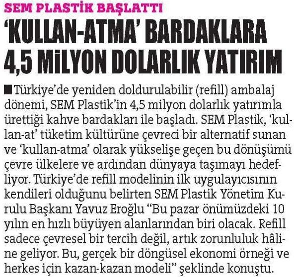 “Kullan-atma” kültürüne çevreci alternatif: SEM Plastik’ten 4,5 Milyon $’lık Refill Bardak Yatırımı